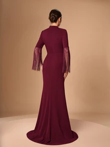 Serin Elegant Burgundy Stretch Rhinestone Beaded Ruched Fringe Tassel Long Sleeve Slit Bodycon Mermaid Autumn Wedding Guest Mother Of The Bride Evening Gown - Burgundy - View 8