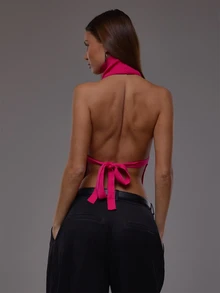 MUSERA Pink Knit Backless Roll Neck Top Autumn Fall Winter Cute Everyday Office Corporate Romance - Hot Pink - View 2