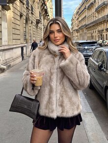 Vionelle Plus Size Elegant Button Faux Fur Long Sleeve Jacket Winter - Beige - View 7