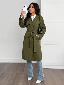 SHEIN PETITE 女款卡其色休閒開襟裝飾學院風風衣 - 軍綠色 - 查看 5