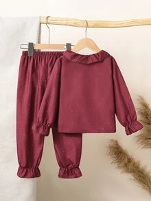 SHEIN 2件組女童藍色夏季仙女之夜睡衣秋冬套裝，可愛兔子波點印花梭織布長袖開襟衫配荷葉領與長褲 - 酒紅色 - 查看 2