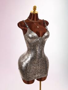 Amplova Women's Spaghetti Strap Snake Print Sexy Avant-Garde Bodycon Mini Dress, Cute And Sexy, Suitable For Autumn/Winter Outfits, Tight Fit - Grey - View 7