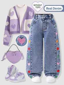 SHEIN Elladie kids Young Sweet Girls' Colorful Heart Patch Embroidered Jeans, Side Detail Elastic Waist Long Pants - Light Wash - View 4
