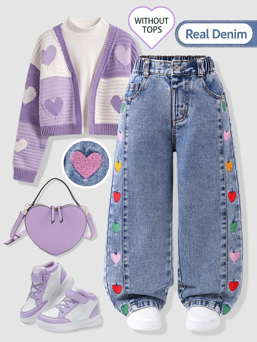 SHEIN Elladie kids Young Sweet Girls' Colorful Heart Patch Embroidered Jeans, Side Detail Elastic Waist Long Pants - Light Wash - View 1