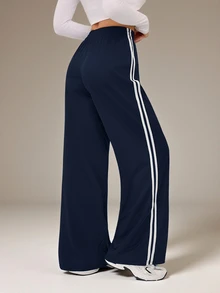 SHEIN Tall 極簡時尚灰色側條紋休閒長褲，日常休閒風格 - 藏蓝色 - 查看 2