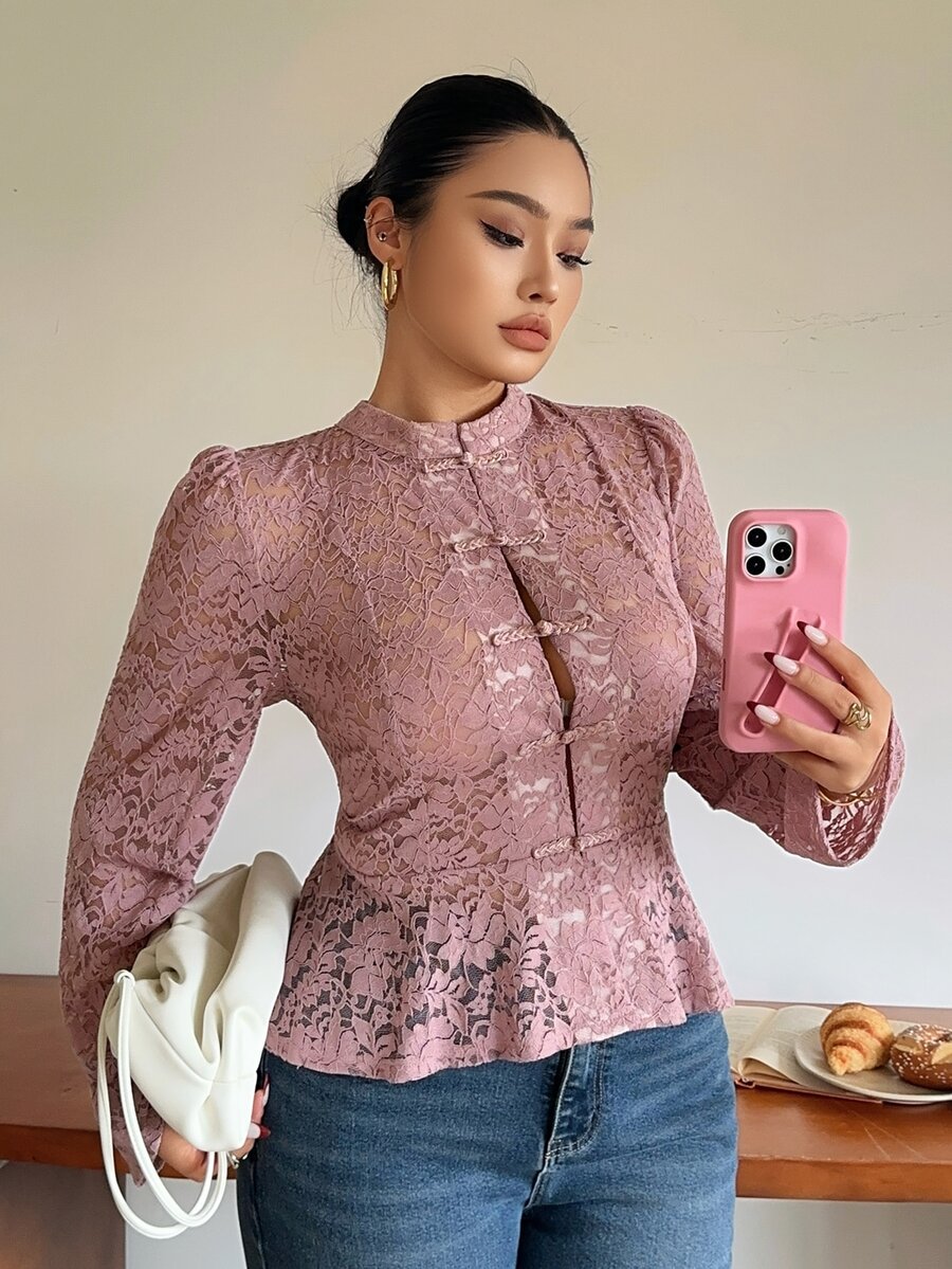 Livesso Plus Size Women's Lace Casual Versatile Daily Wear Blouse - Pink - View 1