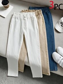 SHEIN 3件組 TWEEN GIRLS 牛仔褲，高彈性柔軟丹寧布料，淺藍色，秋季，休閒，校園，返校季，腰部鈕扣設計，百搭版型，冬季 - 彩色 - 查看 7