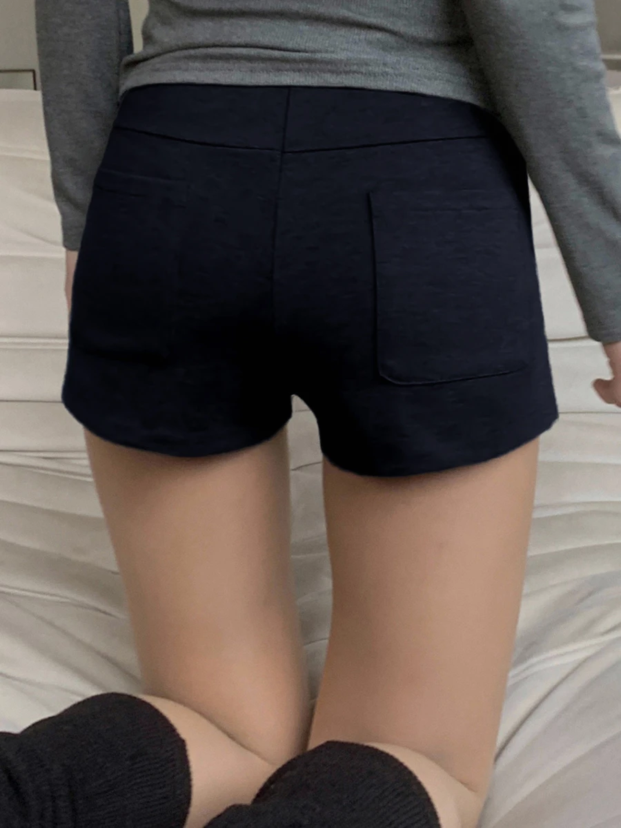 DAZY 純色彈性高腰修身短版灰色女款短褲 春/秋季 - 藏蓝色 - 查看 1