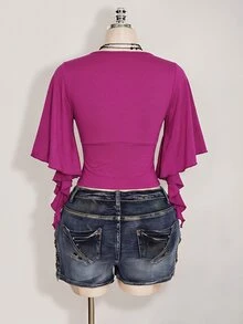 SHEIN ICON 女款大尺碼黑色夏季哥德風性感夜店約會派對 T-shirt，復古優雅 V 領荷葉袖修身 Y2K 風格 - 紫羅蘭色 - 查看 2