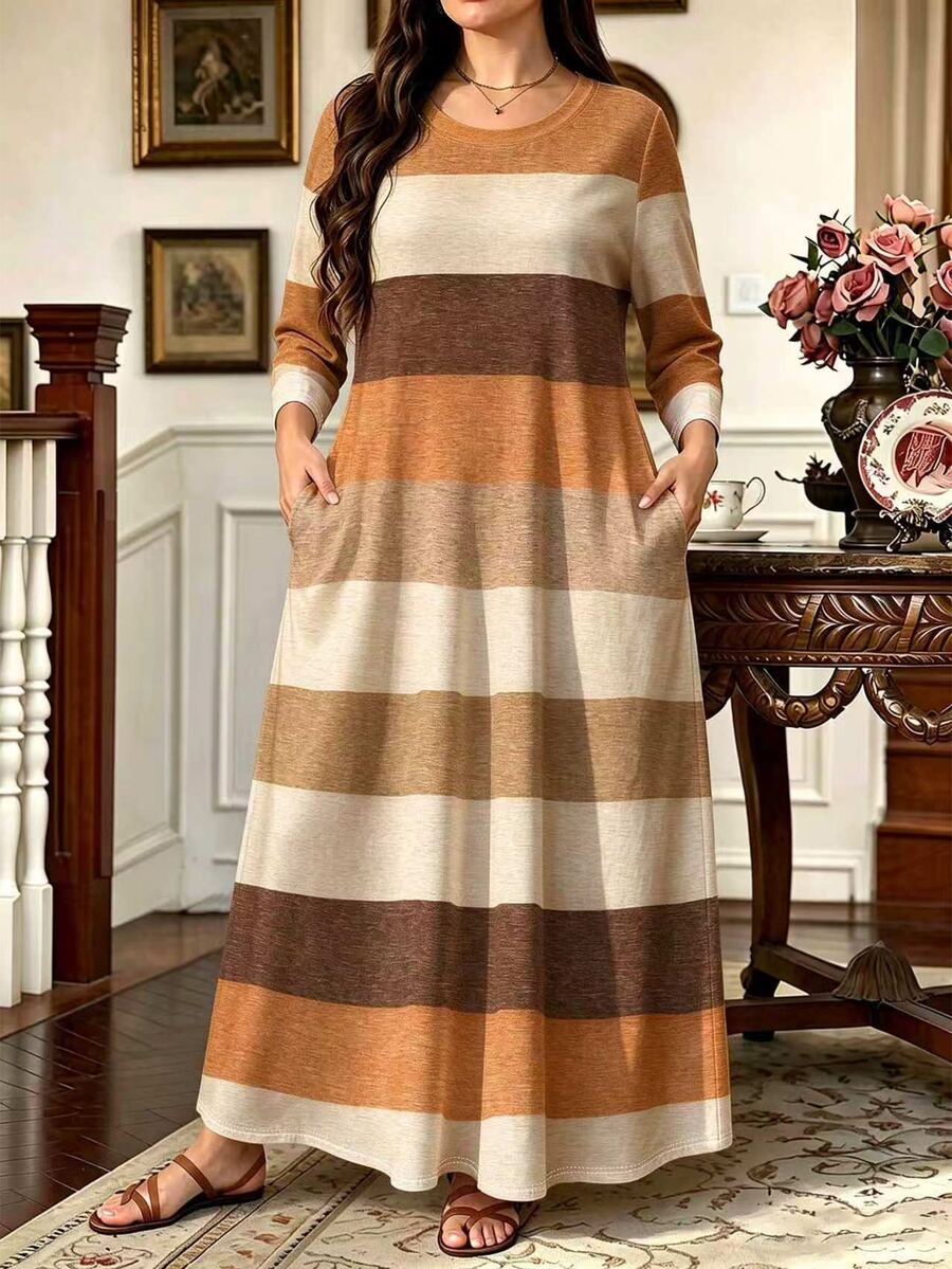 SHEIN LUNE Women's Plus Size Striped Print Round Neck Long Sleeve Pocket Casual Dress, Suitable For Autumn Daily Indoor And Outdoor Wear Fall - Multicolor - View 1