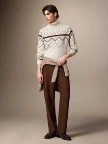 Calmiston Men's Autumn/Winter Wavy Striped Raglan Long Sleeve Turtleneck Sweater - Multicolor - View 3
