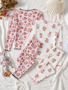 SHEIN 4件組青少年女孩柔軟舒適睡衣套裝，可愛粉色蝴蝶結與黑色波點愛心印花，長袖上衣與長褲，夏季穿著睡衣 - 彩色 - 查看 2