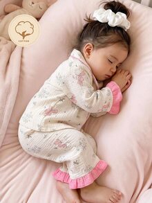 2件組女嬰優雅舒適柔軟田園系列碎花與小熊印花翻領袖口與下擺荷葉邊對比色睡衣套裝 - 淺粉色 - 查看 2