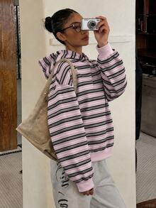 SHEIN Tween Girls Tween Girl Striped Print Sweatshirt, Suitable For Autumn/Winter, Everyday Wear All Seasons - Pink - View 2