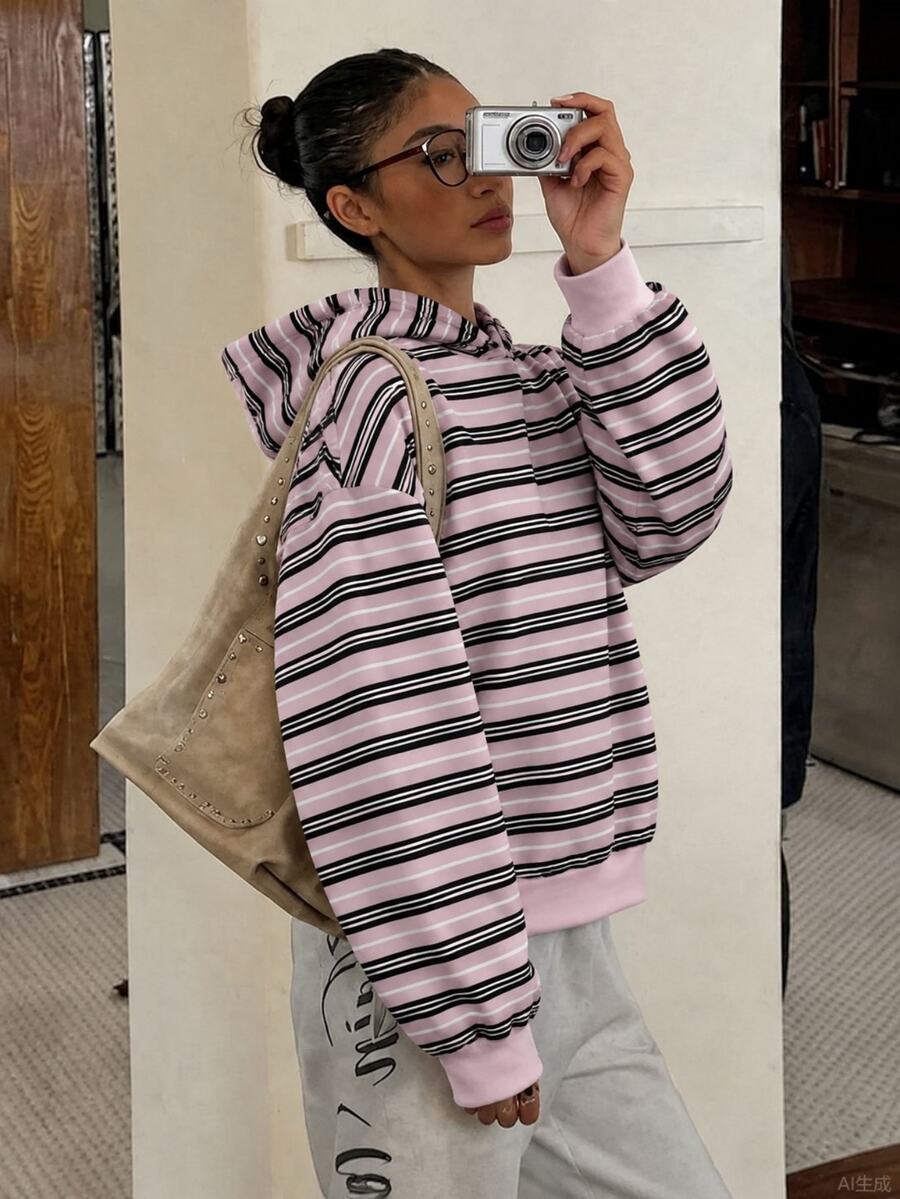 SHEIN Tween Girls Tween Girl Tween Girl Striped Print Sweatshirt, Suitable For Autumn/Winter, Everyday Wear All Seasons - Pink - View 1