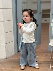 DAZY Infant (Girl) Ruffle Trim Patchwork Long Sleeve Korean Style Solid Color Top - White - View 9