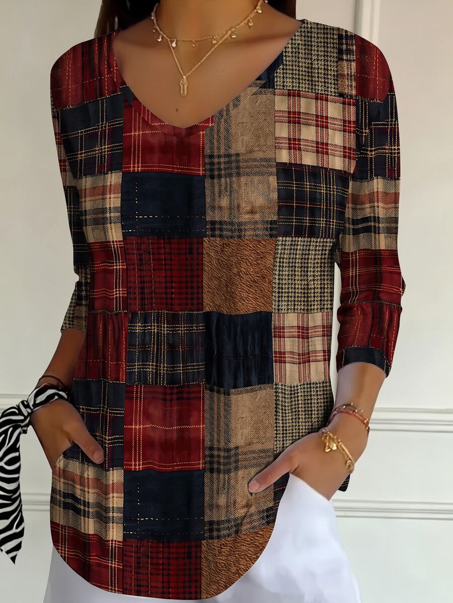 EMERY ROSE Plus Size Women's Striped Plaid Polka Dot Print 3/4 Sleeve V-Neck T-Shirt Top, Casual Fashion Fall - Multicolor - View 1