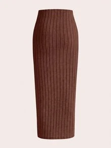 SHEIN Tall CURVE 素色羅紋針織鉛筆裙，簡約時尚休閒日常款 - 咖啡棕 - 查看 2