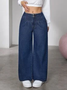 Flexra Women's Loose Wide Leg Jeans, Deep Blue Washed, Double Button Front Waist With Pleats, Elastic Back Waist, Comfortable Non-Binding, Hip-Flattering Slimming, Versatile For Commute And Travel, Autumn/Winter - Dark Wash - View 1