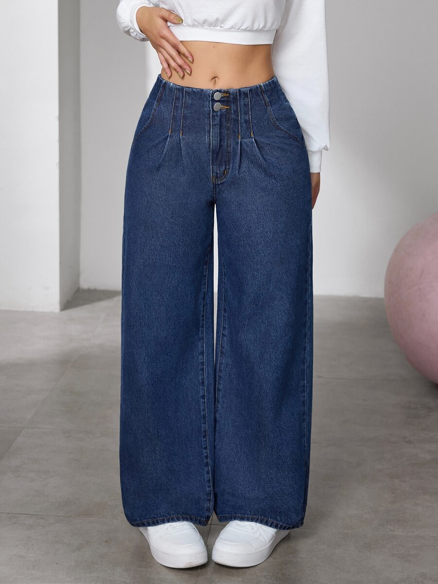 Flexra Women's Loose Wide Leg Jeans, Deep Blue Washed, Double Button Front Waist With Pleats, Elastic Back Waist, Comfortable Non-Binding, Hip-Flattering Slimming, Versatile For Commute And Travel, Autumn/Winter - Dark Wash - View 1