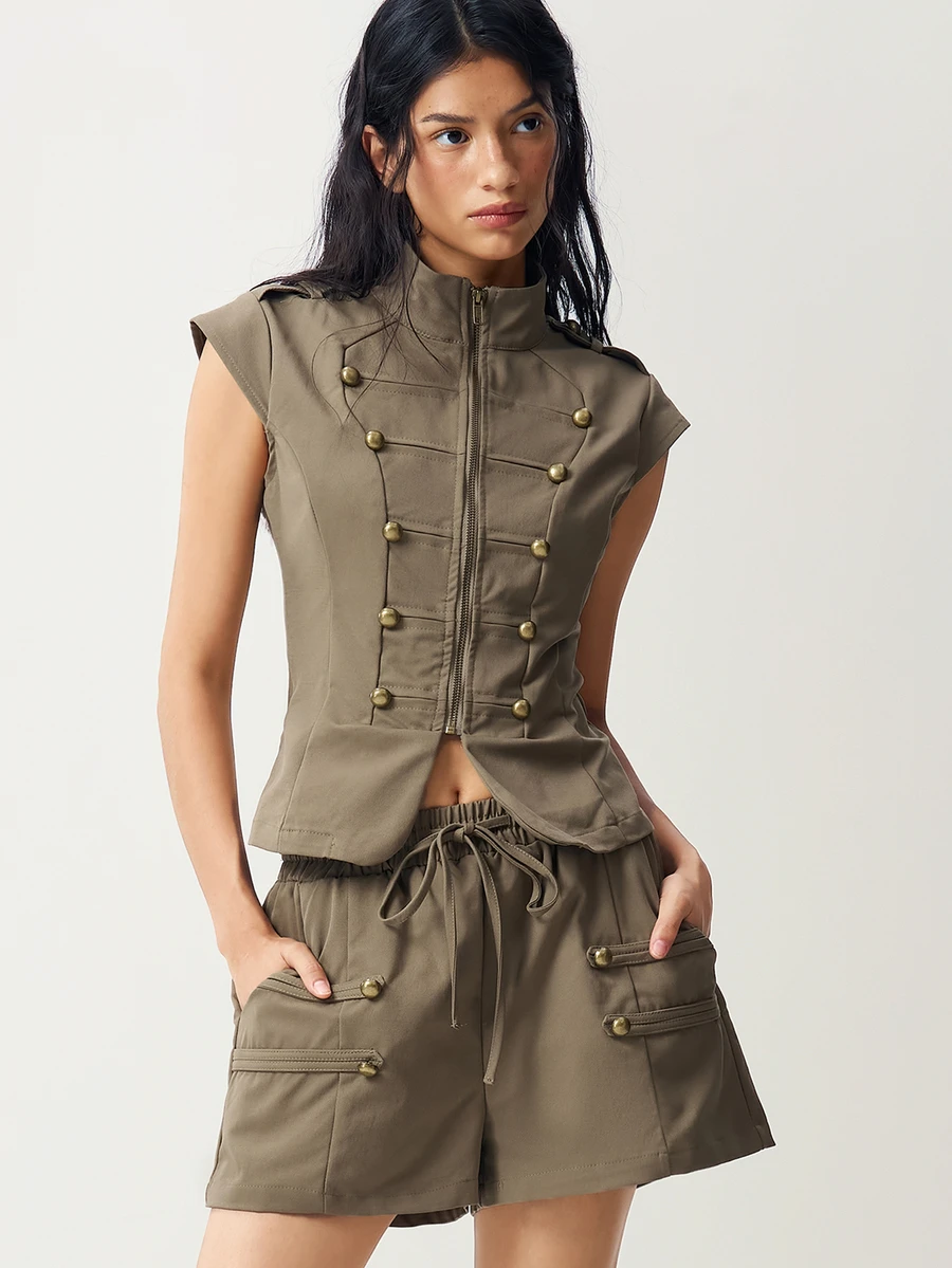 Bohemela Women's Double-Breasted Zipper Top And Shorts Casual Daily 2 Pieces Set - Army Green - View 1