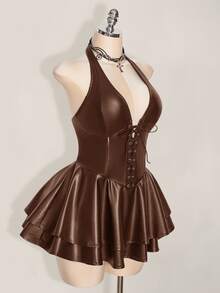 SHEIN ICON 大尺碼女款黑色PU皮革迷你掛脖洋裝，秋季哥德風性感Y2K綁帶束腰裙，夜店狂歡派對節慶穿搭，演唱會服飾 - 棕色 - 查看 5