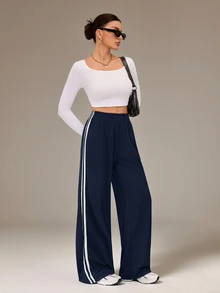 SHEIN Tall 極簡時尚灰色側條紋休閒長褲，日常休閒風格 - 藏蓝色 - 查看 6