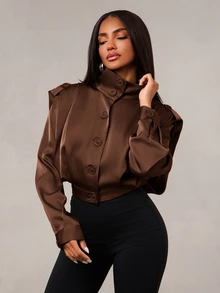 Radiana Sexy Elegant Fashion Dark Brown Satin Cropped Jacket Dinner Night Out - Coffee Brown - View 6