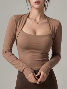 DAZY Fall Korean-Style Brown Short-Sleeved Casual Fitness Women's Sports T-Shirt - Brown - View 7