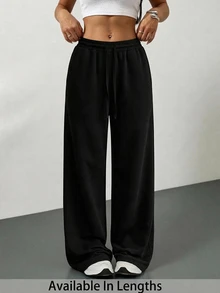 SHEIN PETITE CURVE Quần dài casual size lớn màu trơn phong cách tối giản, cạp rút dây, có túi, cho mùa thu - màu đen - Xem 12