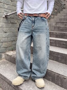 2026NewTween Boys All-Season American Vintage Personalized Frayed Hem High Street Embroidered Washed Soft Denim Loose Curved Leg Pants Versatile Daily - Medium Wash - View 1