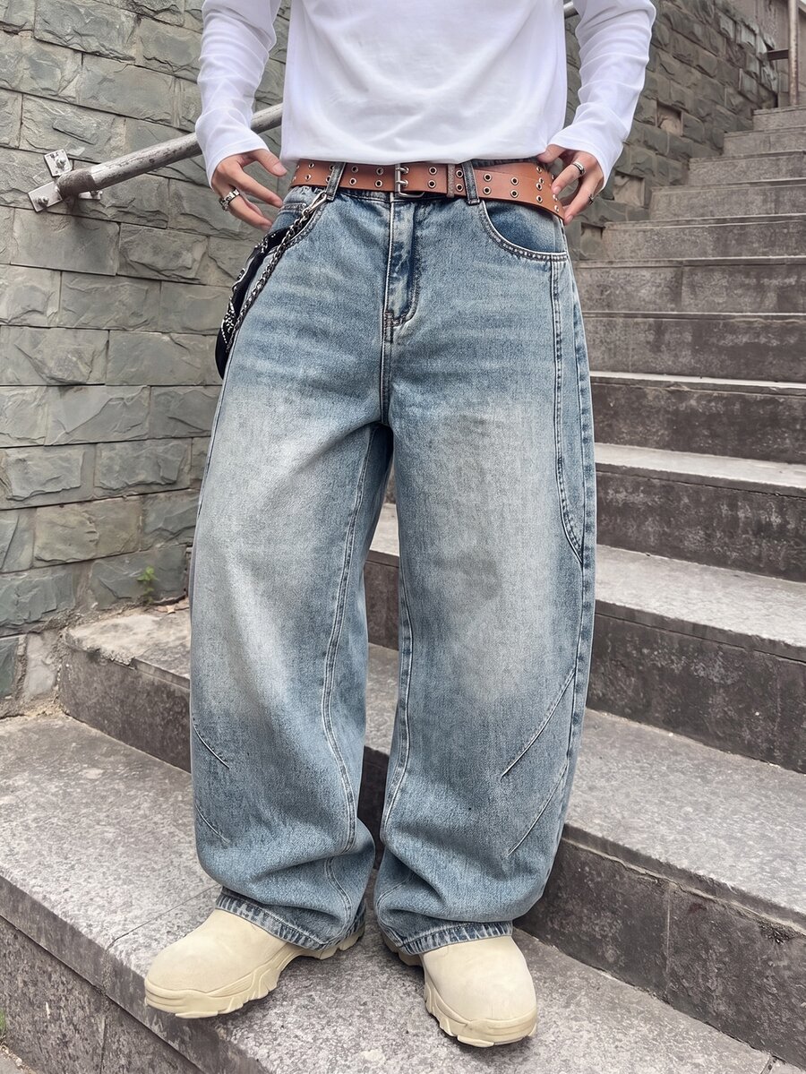 2026NewTween Boys All-Season American Vintage Personalized Frayed Hem High Street Embroidered Washed Soft Denim Loose Curved Leg Pants Versatile Daily - Medium Wash - View 1