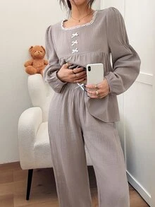 Napfluff Solid Color 100% Cotton Round Neck Contrast Trim Bow Decor Long Sleeve Pants Women Loungewear Set - Mocha Brown - View 6