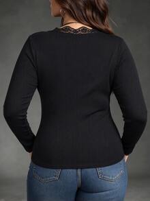 Weeklong Women's Plus Size Spring/Autumn 1pc Lace V-Neck Patchwork Long Sleeve T-Shirt, Slim Fit Flattering Pure Desire Style Casual Commute Base Layer Top - Black - View 2