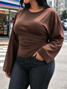 INAWLY Plus Size Women's Solid Color Round Neck Dropped Shoulder Long Sleeve Ruched T-Shirt - Coffee Brown - View 6