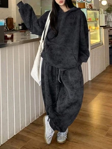 Dazy Plus Hooded Girl Casual Korean Style Thermal Lined Loose Sweatshirt And Sweatpants 2 Pieces Set - Dark Grey - View 1
