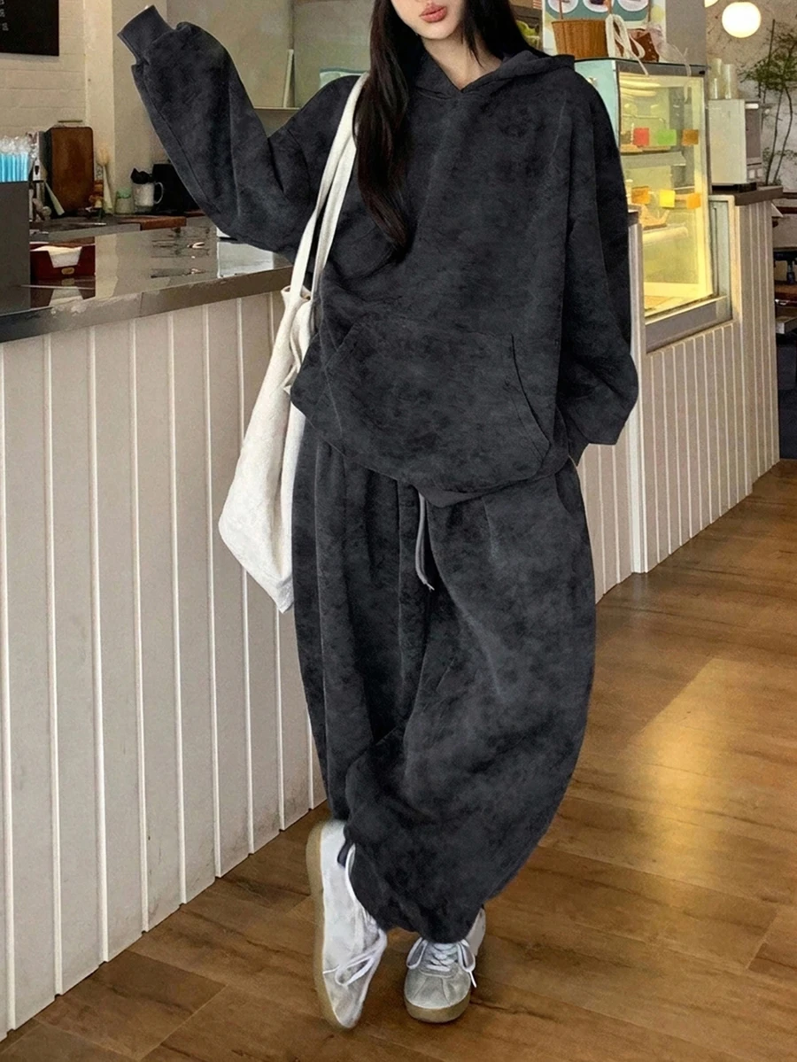 Dazy Plus Hooded Girl Casual Korean Style Thermal Lined Loose Sweatshirt And Sweatpants 2 Pieces Set - Dark Grey - View 1