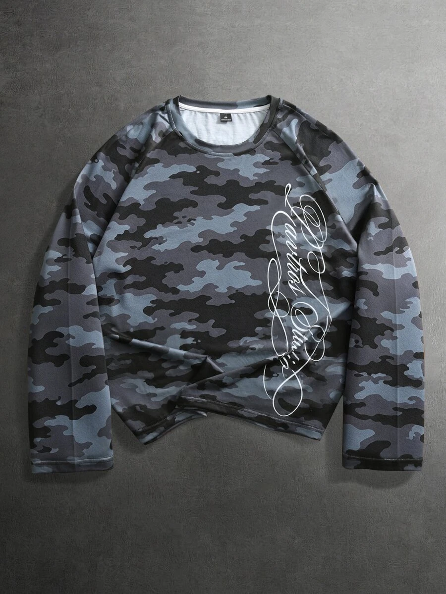 PAVTROS Men's Camouflage Print & Letter Print Long Sleeve T-Shirt - Multicolor - View 1