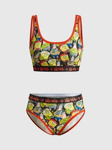 SpongeBob SquarePants | ROMWE Set Pakaian Dalam Kasual Wanita dengan Bra dan Celana Dalam Segitiga Motif Kartun - Hitam - View 9