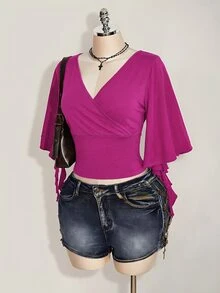 SHEIN ICON 女款大尺碼黑色夏季哥德風性感夜店約會派對 T-shirt，復古優雅 V 領荷葉袖修身 Y2K 風格 - 紫羅蘭色 - 查看 5