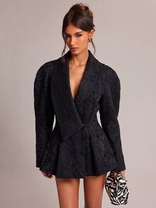 SHEIN BAE 女款披肩領提花優雅西裝外套 - 黑色 - 查看 1