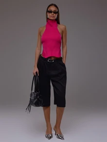 MUSERA Pink Knit Backless Roll Neck Top Autumn Fall Winter Cute Everyday Office Corporate Romance - Hot Pink - View 4