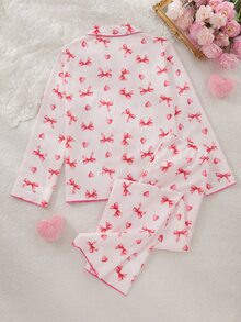 甜美風愛心印花女款與青少年睡衣套裝，長袖翻領開襟衫與長褲，休閒舒適兩件式家居服 - 粉色 - 查看 2