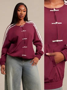 SHEIN SXY Plus Size Women's Colorblock Casual Daily Long Sleeve Jacket - Rose Red - View 3