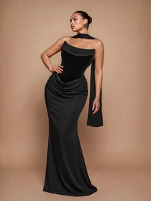 Glamrae فستان سهرة أنيق رومانسي بمقاس كبير، بياقة كول منسدلة وخط عنق مطوي، من الساتان مع رقعات، بحمالات ساتان مرنة وكشكشة، بقصة ضيقة للجسم وذيل حورية البحر، مزين بزخارف كثيفة (تصميم ثقيل) - الأسود - مشاهدة 6