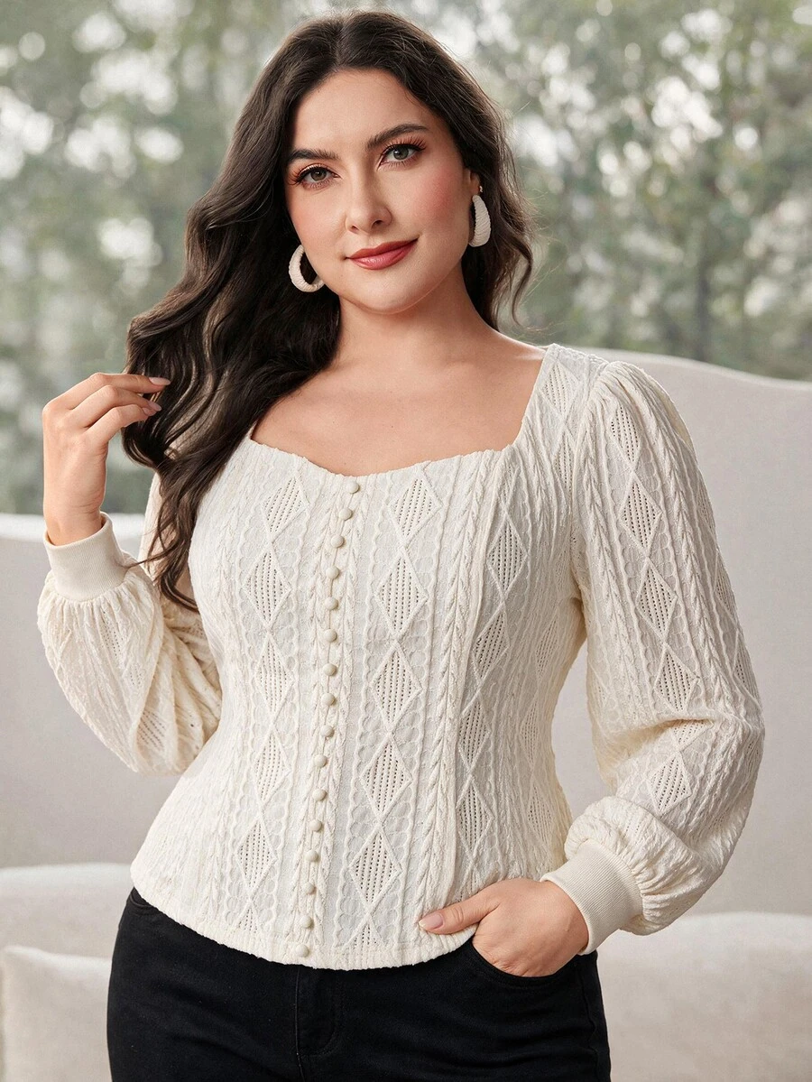 Modelyn Plus Size Sweet Elegant Button Jacquard T-Shirt - Apricot - View 1