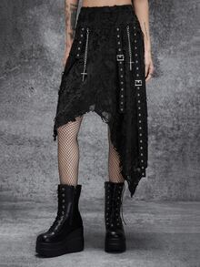 Cryptelle Rok Rajut Tekstur Gothic Hitam Wanita dengan Hem Asimetris dan Rumbai, Pakaian Halloween Musim Gugur/Dingin - Hitam - View 3