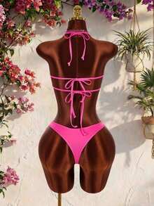 Amplova Women's Sexy One-Piece Cutout Bodycon Swimsuit, Fuchsia Rhinestone Embellished, Suitable For Autumn/Winter Party And Summer Beach Wear, Sexy Avant-Garde Hollow Design - Hot Pink - View 2