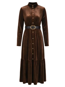 Balvessa Women's Elegance Brown Velvet Lapel Button-Stitched Pleated Maxi Dress Fall/Winter Many Occasions - Brown - View 4