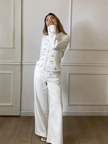 Livesso Autumn White Cotton Turn-Down Collar Button Pocket Decor Short Denim Jacket With Wide Leg Denim Pants Set - White - View 5